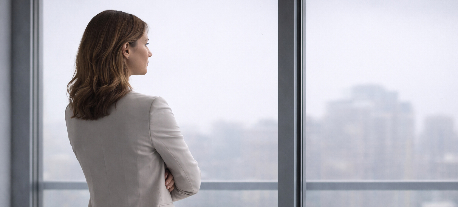 Eine Frau steht mit verschränkten Armen vor einer großen Fensterfront im Büro und blickt nach außen über die Stadt. Das Bild vermittelt die Botschaft von Ambivalenz im Arbeitskontext: Führung und berufliches Handeln sind geprägt von gleichzeitigen, widersprüchlichen inneren Bewertungen – etwa zwischen Verantwortung und Zweifel, Gestaltungswille und Unsicherheit. Resilienz zeigt sich hier darin, diese Ambivalenz wahrzunehmen und auszuhalten, statt sie vorschnell aufzulösen, und trotz innerer Spannung reflektiert und handlungsfähig zu bleiben.