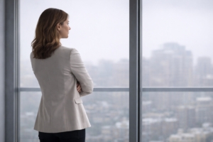 Eine Frau steht mit verschränkten Armen vor einer großen Fensterfront im Büro und blickt nach außen über die Stadt. Das Bild vermittelt die Botschaft von Ambivalenz im Arbeitskontext: Führung und berufliches Handeln sind geprägt von gleichzeitigen, widersprüchlichen inneren Bewertungen – etwa zwischen Verantwortung und Zweifel, Gestaltungswille und Unsicherheit. Resilienz zeigt sich hier darin, diese Ambivalenz wahrzunehmen und auszuhalten, statt sie vorschnell aufzulösen, und trotz innerer Spannung reflektiert und handlungsfähig zu bleiben.