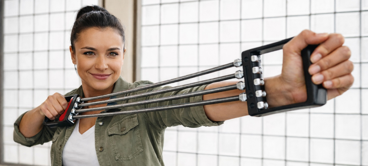 Eine Frau hält ein stark gespanntes Trainingsgerät mit beiden Händen und zieht die Widerstände kontrolliert auseinander, während sie stabil und fokussiert nach vorn blickt. Das Bild vermittelt die Botschaft von Führung in Spannungsfeldern: Führung bedeutet, widersprüchliche Anforderungen gleichzeitig auszuhalten und aktiv zu gestalten – etwa zwischen Leistung und Gesundheit, Kontrolle und Vertrauen oder Stabilität und Veränderung. Resilienz zeigt sich hier nicht im Auflösen von Spannung, sondern in der Fähigkeit, Spannung bewusst zu regulieren, handlungsfähig zu bleiben und Balance unter dauerhafter Belastung zu sichern.