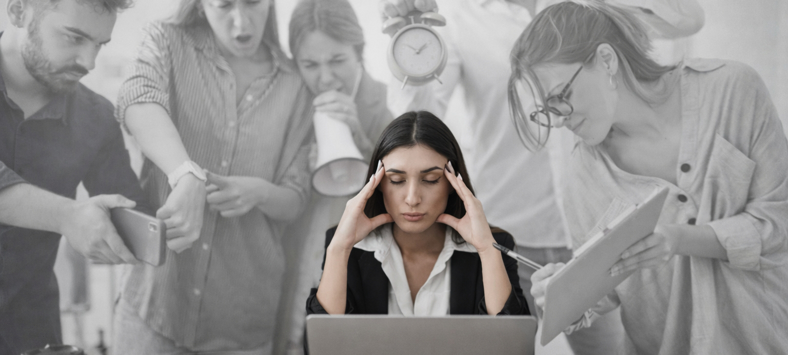 Eine Frau sitzt konzentriert vor einem Laptop, die Hände an den Schläfen, während mehrere Personen im Hintergrund gleichzeitig Anforderungen an sie herantragen. Das Bild vermittelt die Botschaft der Grenzen der Selbstregulation: Selbststeuerung stößt im Arbeitskontext dort an ihre Grenzen, wo dauerhafte Überlastung, Zeitdruck und widersprüchliche Anforderungen nicht mehr durch innere Anpassung ausgeglichen werden können. Resilienz zeigt sich hier nicht im weiteren Funktionieren, sondern im Erkennen, dass strukturelle Entlastung, Unterstützung und Veränderung notwendig sind.