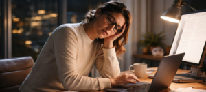 Eine Frau arbeitet abends allein am Schreibtisch, den Kopf in die Hand gestützt, vor sich Laptop, Unterlagen und eine Schreibtischlampe. Das Bild vermittelt die Botschaft der Innere Antreiber im Arbeitskontext: Unbewusste Leistungs- und Anpassungslogiken wie „Ich muss durchhalten“ oder „Ich darf keine Fehler machen“ halten Menschen auch unter Erschöpfung handlungsfähig, verstärken jedoch im Arbeitskontext häufig Selbstüberforderung und inneren Druck, wenn sie unreflektiert wirksam bleiben.