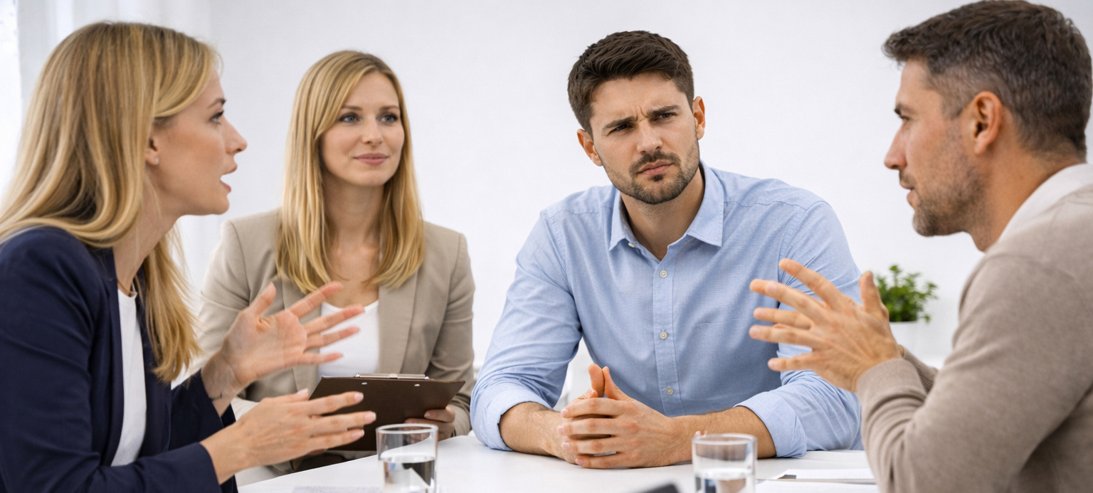 Vier Teammitglieder sitzen an einem Tisch in einer intensiven Diskussion; zwei Personen gestikulieren, während andere aufmerksam und angespannt zuhören. Das Bild vermittelt die Botschaft „Konflikte im Team“: Unterschiedliche Perspektiven und Erwartungen treffen sichtbar aufeinander und erzeugen Spannung. Es verdeutlicht, dass Konflikte im Team kein Zeichen von Dysfunktion sind, sondern ein normaler Bestandteil Zusammenarbeit – und dass Resilienz dort entsteht, wo Spannungen offen angesprochen, sachlich bearbeitet und als Grundlage für Lernen, bessere Entscheidungen und stabile Teamarbeit genutzt werden.