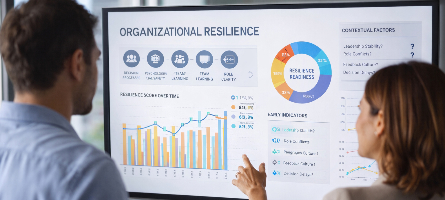 Zwei Personen stehen vor einem großen Bildschirm mit Diagrammen, Kennzahlen und Visualisierungen zur organisationalen Belastbarkeit und diskutieren gemeinsam die dargestellten Ergebnisse. Das Bild vermittelt die Botschaft „Organisationale Resilienz messen“: Resilienz wird nicht als abstraktes Konzept verstanden, sondern systematisch über Kennzahlen, Frühindikatoren und Entwicklungsdimensionen reflektiert. Es verdeutlicht, dass organisationale Resilienz messen Orientierung schafft und als Lern- und Steuerungsinstrument dient – vorausgesetzt, Zahlen werden durch qualitative Einordnung, Dialog und kontextbezogene Interpretation ergänzt.