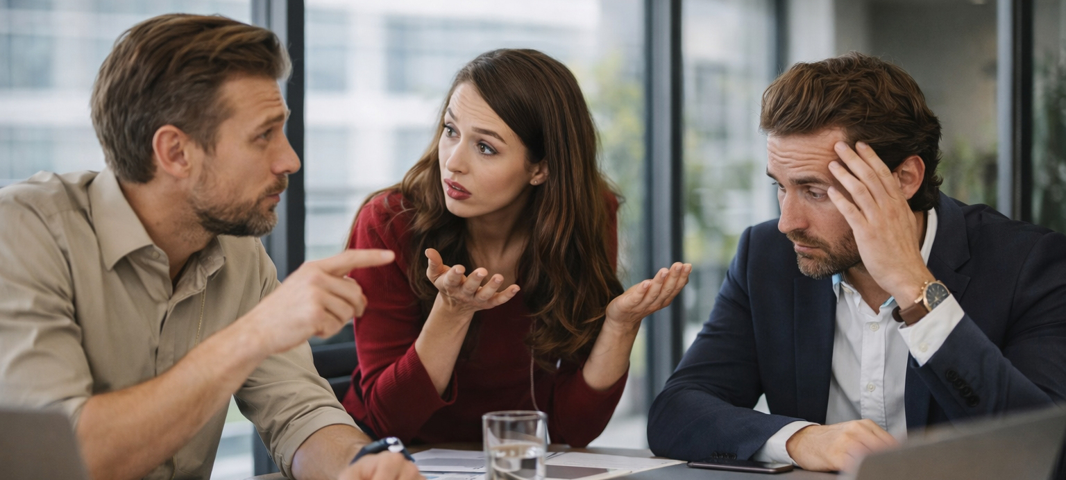 Drei Mitarbeitende sitzen angespannt an einem Besprechungstisch; eine Frau gestikuliert erklärend, ein Mann zeigt mit dem Finger, ein anderer wirkt erschöpft und überfordert. Das Bild vermittelt die Botschaft, wie Resilienz-Missverständnisse im Arbeitskontext entstehen: Resilienz wird als individuelles Durchhalten und Funktionieren unter Druck eingefordert, während strukturelle Belastungen, emotionale Reaktionen und gemeinsame Verantwortung im Team ausgeblendet bleiben.