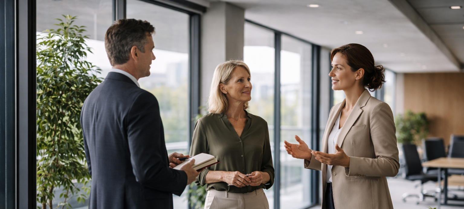 Drei Führungskräfte stehen in einem hellen Bürobereich im offenen Austausch und diskutieren ruhig und zugewandt. Das Bild vermittelt die Botschaft von Resilienz als Prozess: Resilienz entsteht im Arbeitskontext nicht als feste Eigenschaft einzelner Personen, sondern entwickelt sich dynamisch über Kommunikation, gemeinsames Lernen und das Zusammenspiel von individuellen Ressourcen und organisationalen Rahmenbedingungen.