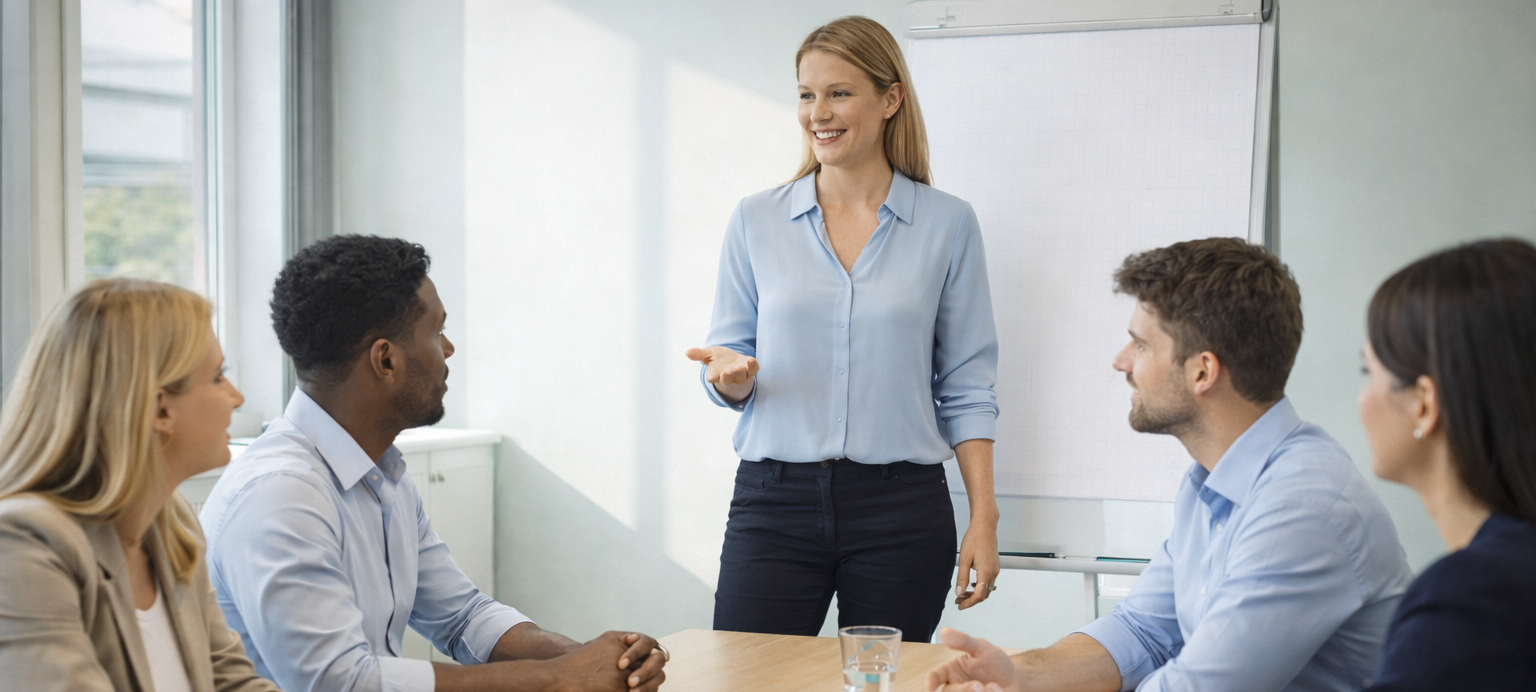Eine Gruppe von fünf Teammitgliedern sitzt gemeinsam an einem Tisch, während eine Frau moderierend spricht und Gesten zur Erklärung nutzt; auf dem Tisch liegen Notizzettel und Arbeitsmaterialien. Das Bild vermittelt die Botschaft der Rollenklärung im Team: Durch offene Kommunikation und gemeinsame Reflexion werden Zuständigkeiten, Verantwortlichkeiten und Entscheidungsräume explizit gemacht. Es verdeutlicht, dass Rollenklärung im Team Orientierung schafft, Stress reduziert und als zentraler Resilienzfaktor die Zusammenarbeit auch unter Unsicherheit stabil und handlungsfähig hält.