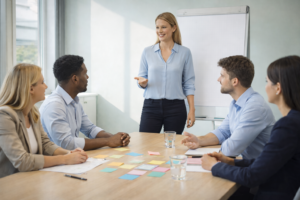 Eine Gruppe von fünf Teammitgliedern sitzt gemeinsam an einem Tisch, während eine Frau moderierend spricht und Gesten zur Erklärung nutzt; auf dem Tisch liegen Notizzettel und Arbeitsmaterialien. Das Bild vermittelt die Botschaft der Rollenklärung im Team: Durch offene Kommunikation und gemeinsame Reflexion werden Zuständigkeiten, Verantwortlichkeiten und Entscheidungsräume explizit gemacht. Es verdeutlicht, dass Rollenklärung im Team Orientierung schafft, Stress reduziert und als zentraler Resilienzfaktor die Zusammenarbeit auch unter Unsicherheit stabil und handlungsfähig hält.
