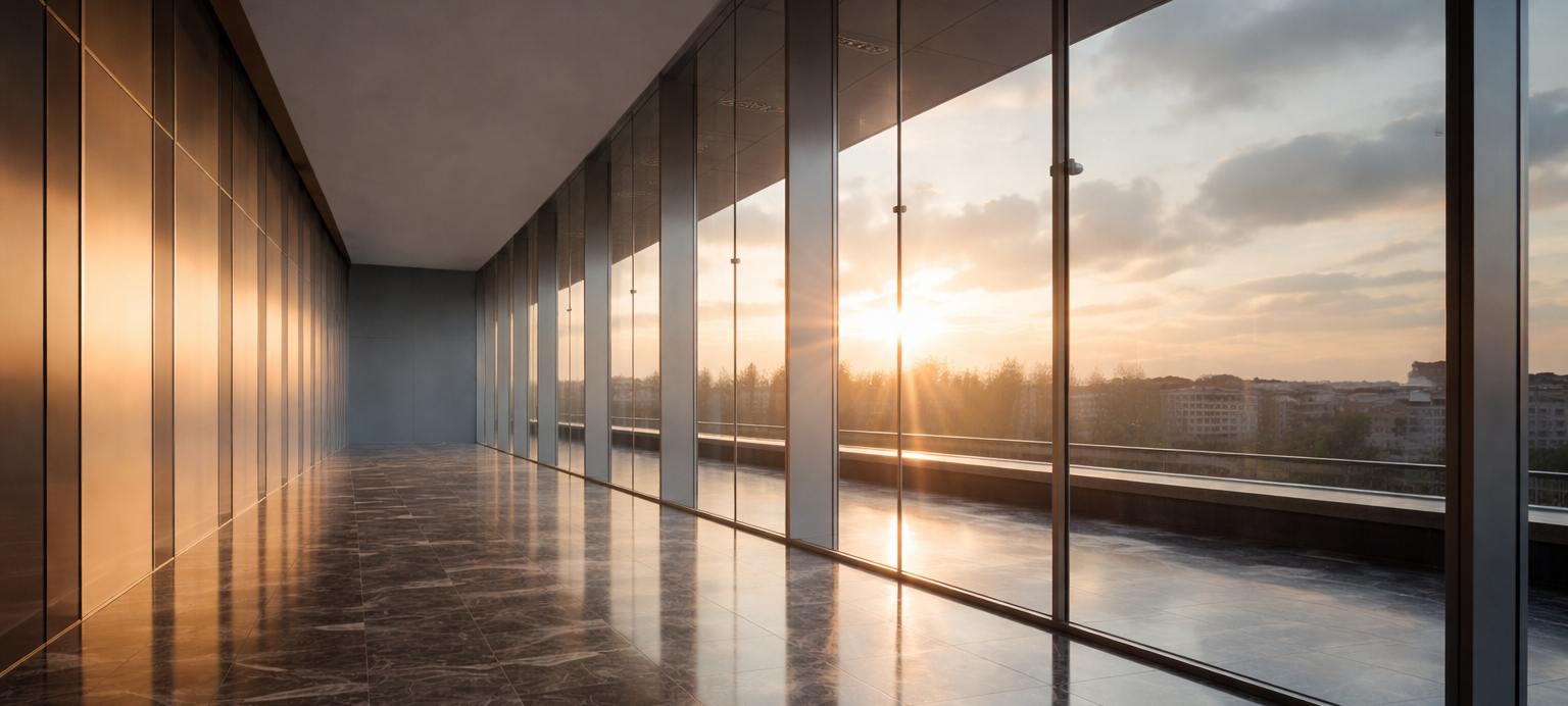 Ein leerer, lichtdurchfluteter Büroflur mit großer Fensterfront und Blick in die Abendsonne. Das Bild vermittelt die Botschaft von Sinn als Resilienzfaktor im Arbeitskontext: Sinn entsteht als innere Orientierung und als Gefühl von Stimmigkeit, das Menschen auch ohne unmittelbare Aktivität oder äußeren Druck Halt gibt. Die ruhige, offene Atmosphäre symbolisiert, dass Resilienz nicht aus permanenter Leistung entsteht, sondern aus der Möglichkeit, das eigene berufliche Handeln in einen größeren Zusammenhang einzuordnen und daraus Orientierung, Stabilität und Handlungsfähigkeit zu gewinnen.