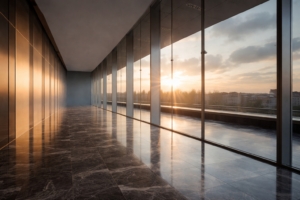 Ein leerer, lichtdurchfluteter Büroflur mit großer Fensterfront und Blick in die Abendsonne. Das Bild vermittelt die Botschaft von Sinn als Resilienzfaktor im Arbeitskontext: Sinn entsteht als innere Orientierung und als Gefühl von Stimmigkeit, das Menschen auch ohne unmittelbare Aktivität oder äußeren Druck Halt gibt. Die ruhige, offene Atmosphäre symbolisiert, dass Resilienz nicht aus permanenter Leistung entsteht, sondern aus der Möglichkeit, das eigene berufliche Handeln in einen größeren Zusammenhang einzuordnen und daraus Orientierung, Stabilität und Handlungsfähigkeit zu gewinnen.