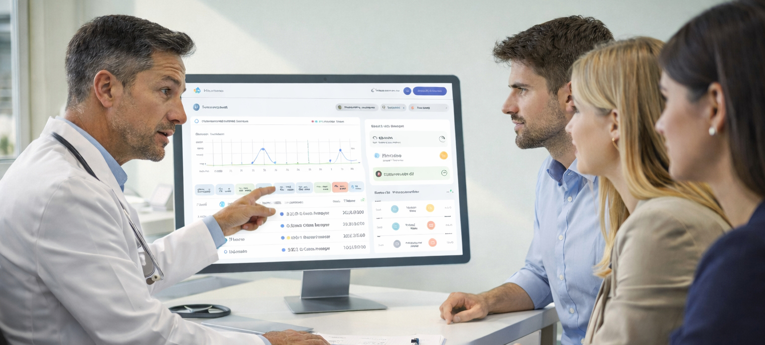Ein Arzt oder Berater erläutert an einem Bildschirm Kennzahlen und Verlaufskurven, während drei Teammitglieder aufmerksam zuhören und angespannt wirken. Das Bild vermittelt die Botschaft „Teamstress erkennen“: Belastung wird nicht erst sichtbar, wenn Leistung einbricht, sondern zeigt sich früh in Mustern, Daten und Gesprächen. Es verdeutlicht, dass Teamstress ein strukturelles Phänomen ist, das durch Arbeitsbedingungen, Zusammenarbeit und Führung entsteht und von HR und Führung systematisch beobachtet und reflektiert werden muss, auch wenn ein Team nach außen noch leistungsfähig erscheint.