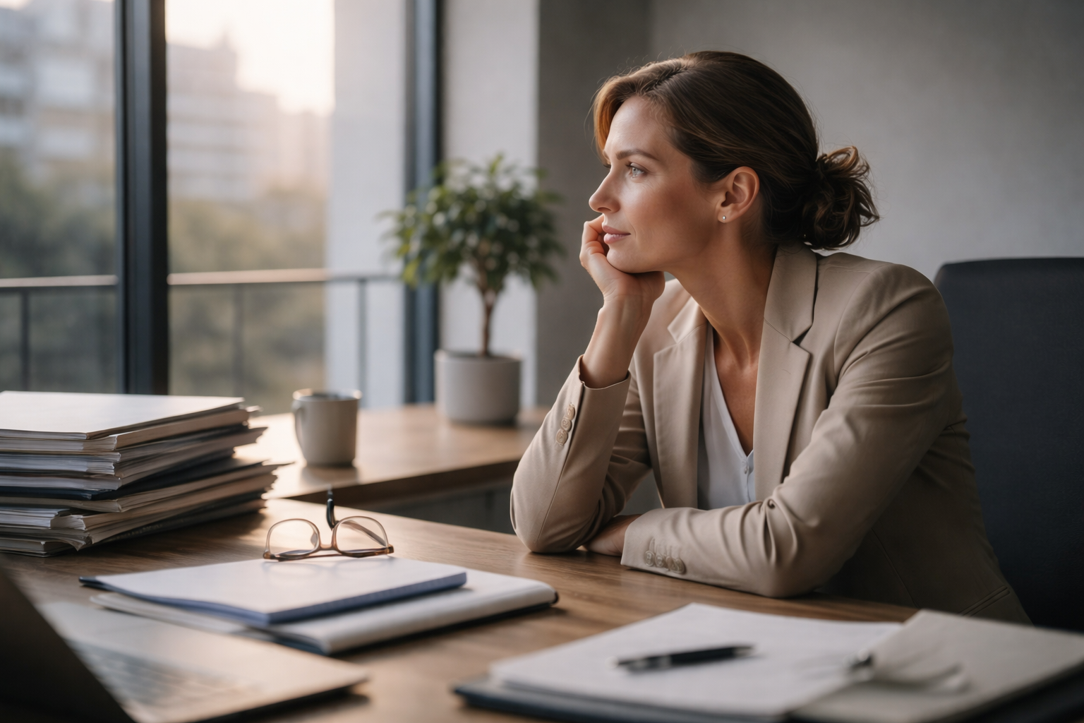 Eine Frau sitzt nachdenklich an ihrem Schreibtisch im Büro, blickt aus dem Fenster und stützt den Kopf auf die Hand; vor ihr liegen Arbeitsunterlagen und ein Stapel Dokumente. Das Bild vermittelt die Botschaft von Vulnerabilität und Reslienz: Resilienz zeigt sich nicht als Unverwundbarkeit oder dauerhafte Belastbarkeit, sondern im bewussten Innehalten, im Wahrnehmen eigener Verletzlichkeit und im reflektierten Umgang mit Anforderungen. Es verdeutlicht, dass Resilienz im Arbeitskontext aus der Auseinandersetzung mit Vulnerabilität entsteht und adaptive Lern- und Anpassungsprozesse ermöglicht.