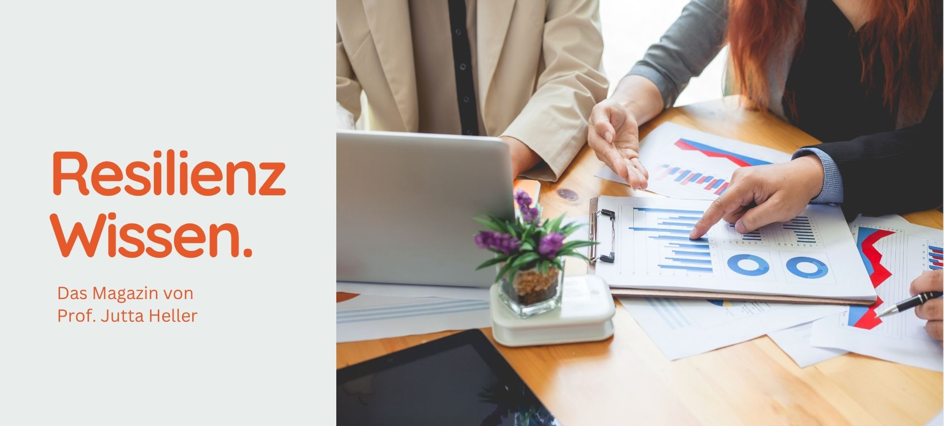 Teammitglieder analysieren gemeinsam Diagramme und Berichte auf Papier und Laptop, um Ambiguitätstoleranz zu fördern und Orientierung beim Führen im Ungewissen zu schaffen.