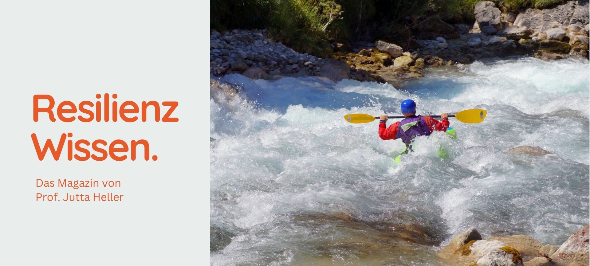 Individuelle Resilienz und mentale Stärke: Ein Einzelsportler steuert mit dem Paddel fokussiert gegen die Strömung im reißenden Fluss.