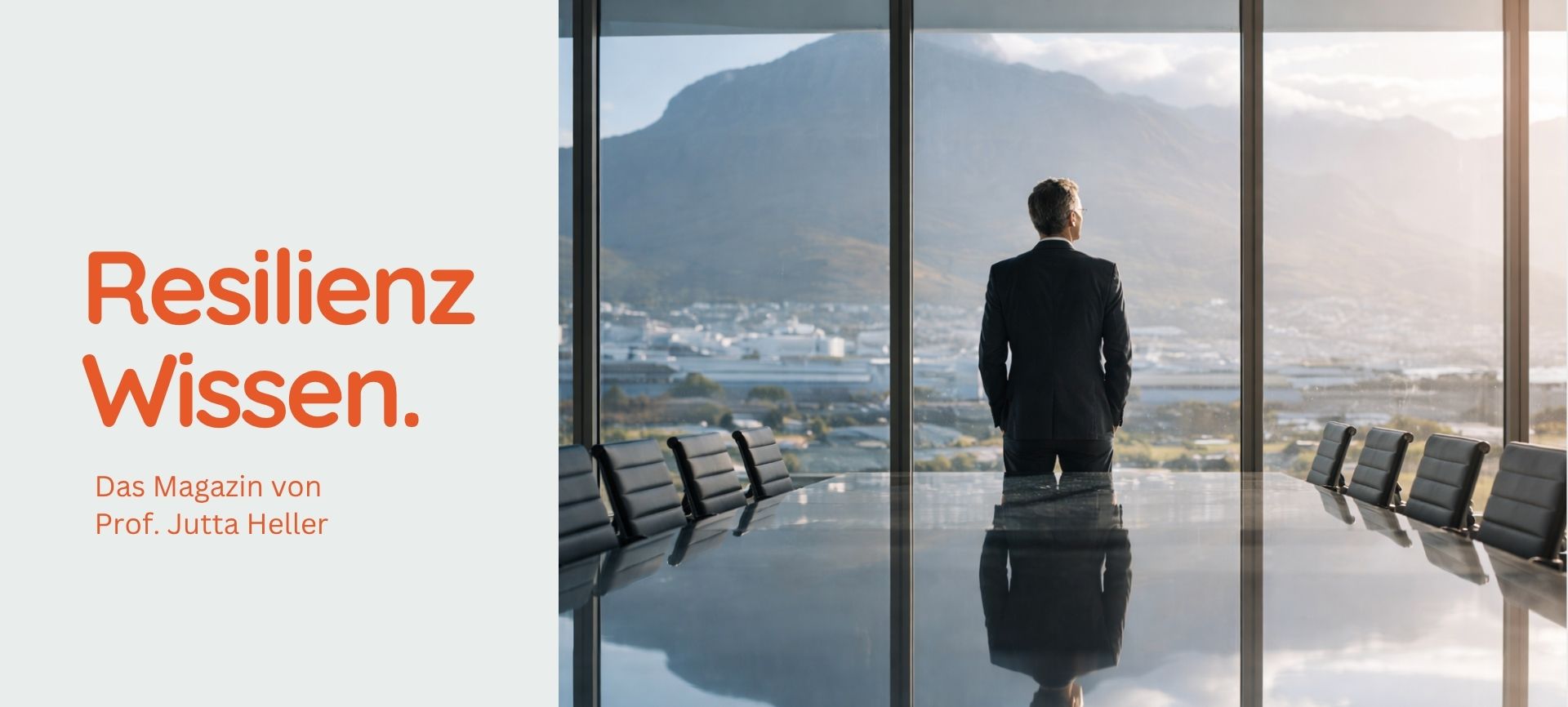 Geschäftsmann blickt über den Besprechungstisch ins Weite und verkörpert Führungsverantwortung sowie die normative Dimension von Resilienz.