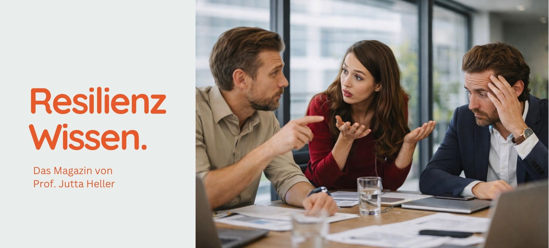resilienz-missverstaendnisse Drei Kollegen diskutieren intensiv und gestikulierend am Besprechungstisch über typische Resilienz-Missverständnisse im Arbeitsalltag.