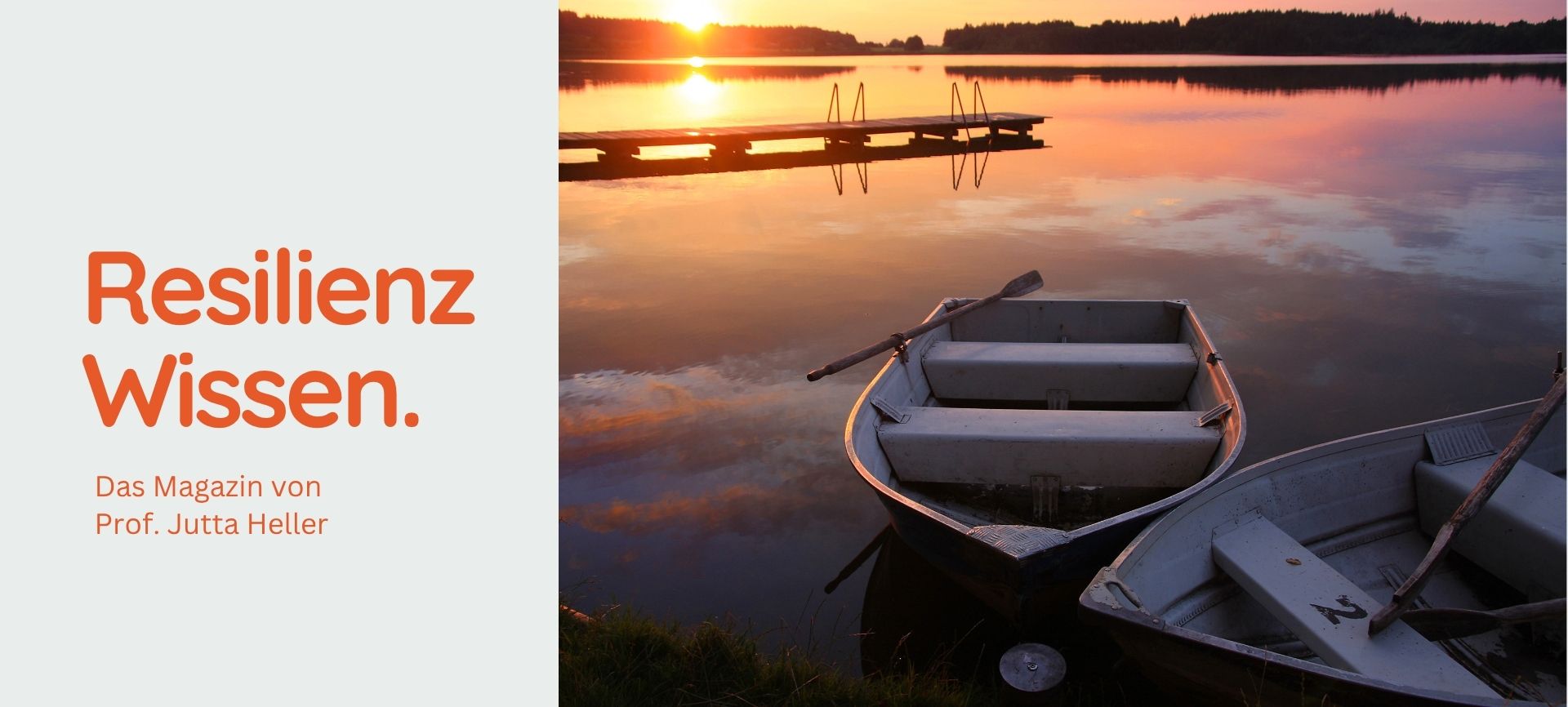 Zwei friedlich am Steg vertäute Ruderboote im warmen Abendlicht eines ruhigen Sees laden zum Loslassen lernen und Entspannen auf allen Ebenen ein.